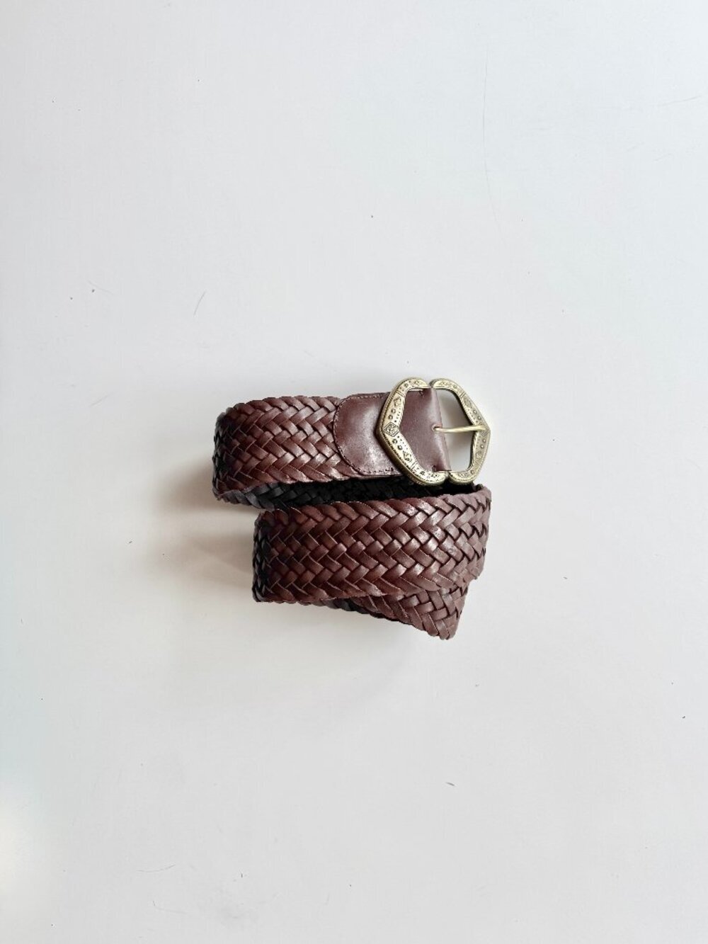 BA&SH Boecia Brown Woven Leather Engraved Buckle Wide Waist Belt, Size S
